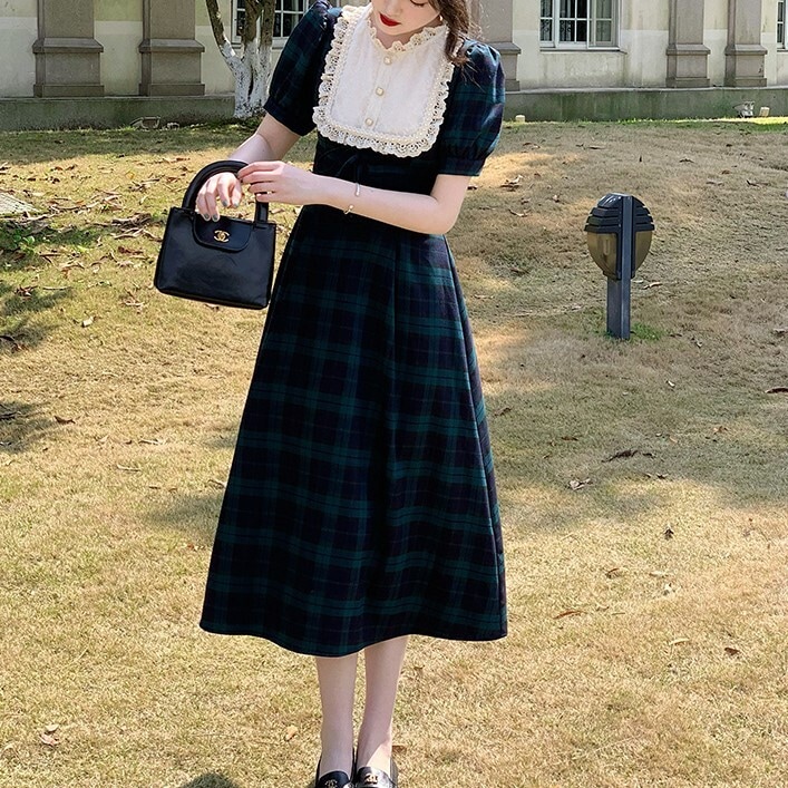 ワンピース レディース ロングワンピース S M L 韓国 ミモレ丈 ロング丈 半袖 ボリューム袖 パフスリーブ ラウンドネック Aライン フリル リボン ウエストマーク パール かわいい 大人可愛い