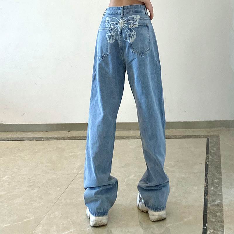 パンツ デニム ジーパン ジーンズ 蝶 ライトブルー ストレート ワイド ロング バックプリント ケツプリント バタフライ ウエストマーク ハイウエスト ズボン ボトムス 個性的 かわいい シンプル