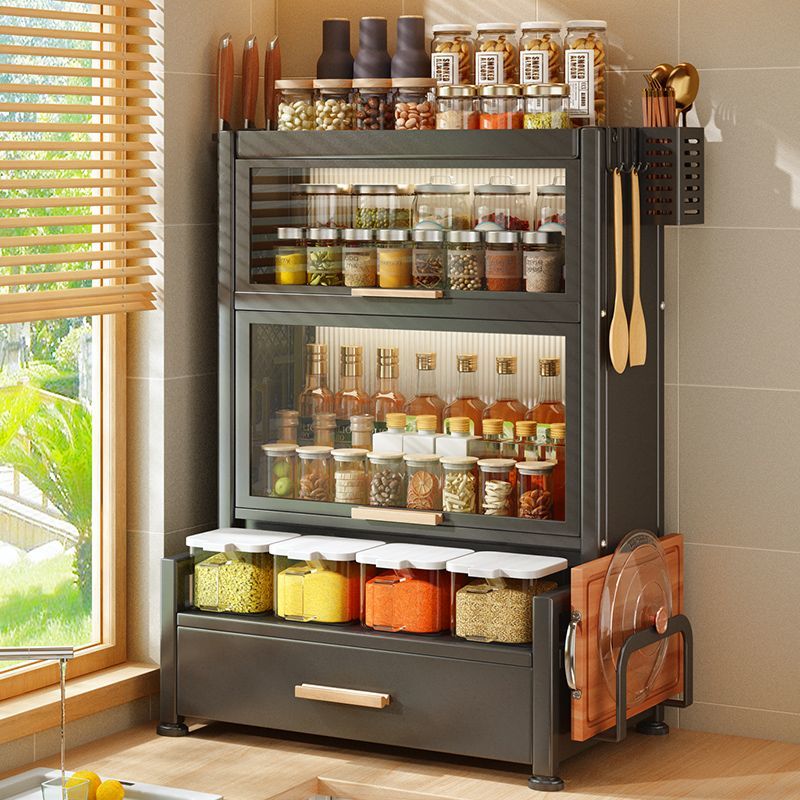 調味料キャビネット引き出し付き調味料ボックス醤油ボトル缶収納棚ドア付き防塵家庭用キッチンテーブル棚