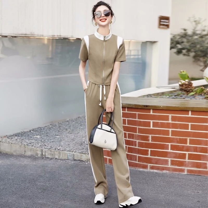 カジュアル スポーツ スーツ レディース 2024年夏 新作ファッション 年齢を重ねる 外国人風 半袖 トップス ワイドパンツ 2点セット