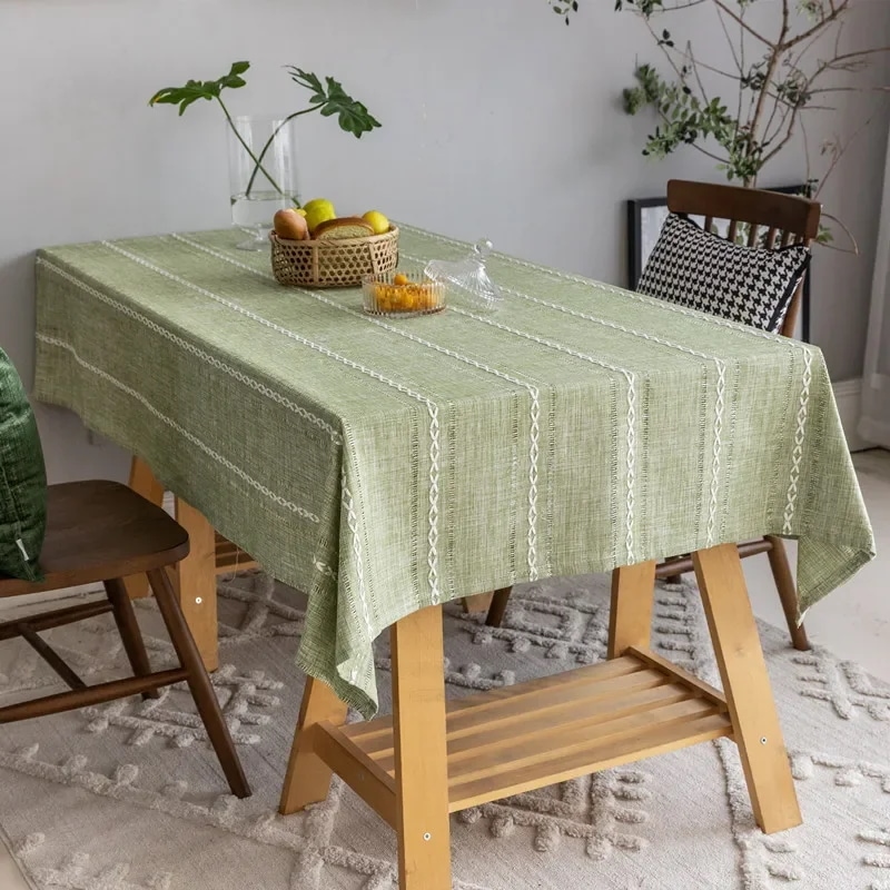 洗える綿とリネンのテーブルクロス しわのない無地の刺embroideryのテーブルクロス キッチンのダイニングカバー 防塵装飾