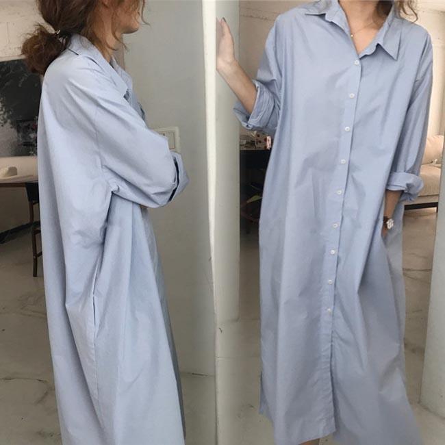 春 夏 シャツワンピ レディース ロングシャツ オーバーサイズ 長袖シャツ ゆったり ワンピース 長袖 オーバーサイズ 体型カバー シャツ ブルー