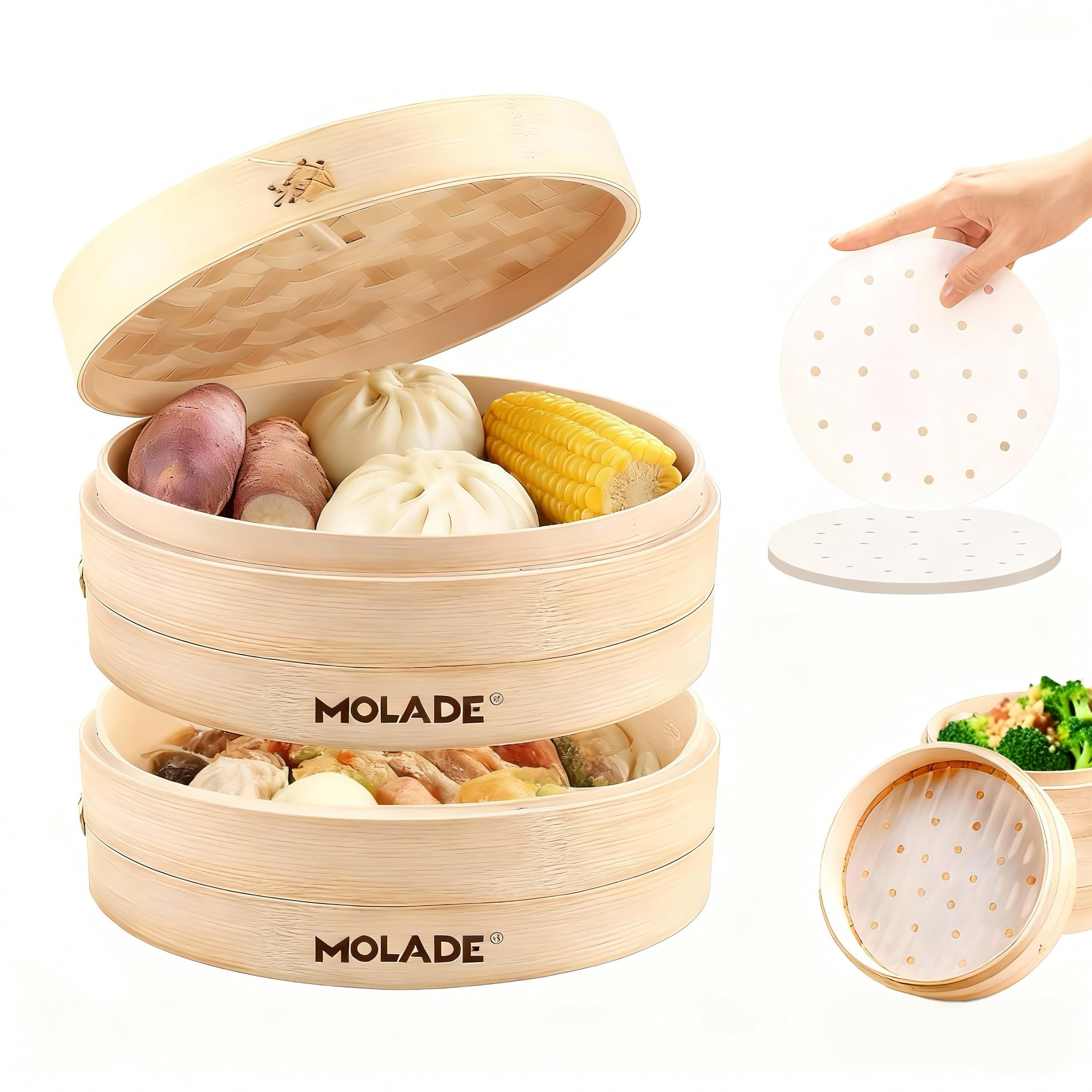 MOLADE せいろ蒸し器 手作り竹せいろ 天然竹せいろセット 中華せいろ 専用竹紙50枚付き 業務用せいろ(竹せいろ直径約24cm) 中華せいろ本体2個・蓋1個セット (竹セイロ直径約24cm)