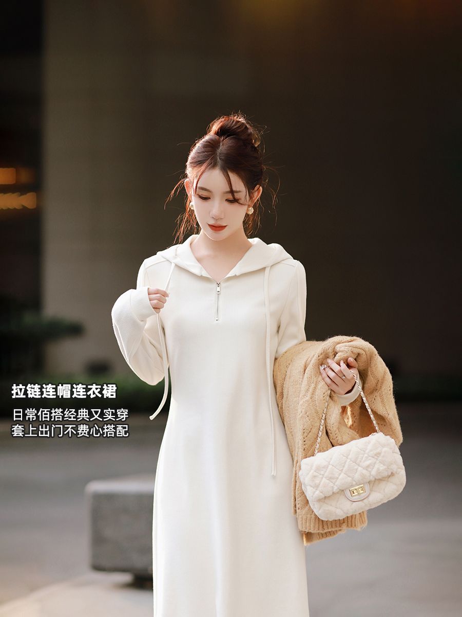 カジュアルロングフードスウェットワンピース レディース 秋冬新作 長袖 スキニーワンピース ワンピースレディース ドレス ロングワンピース ニットワンピース ワンピース レディースファッション