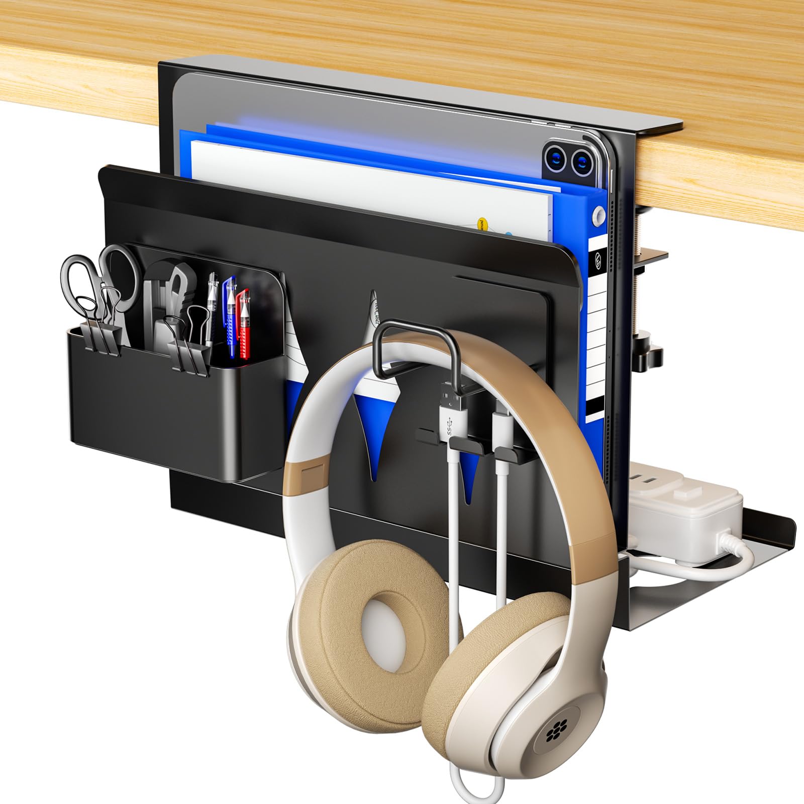 デスクサイド 収納 卓上収納 机収納 横収納 机下収納 机周り収納 ケーブルトレー付き 小物収納スペース&ヘッドホン掛け付き ブラック 55600 4,940円