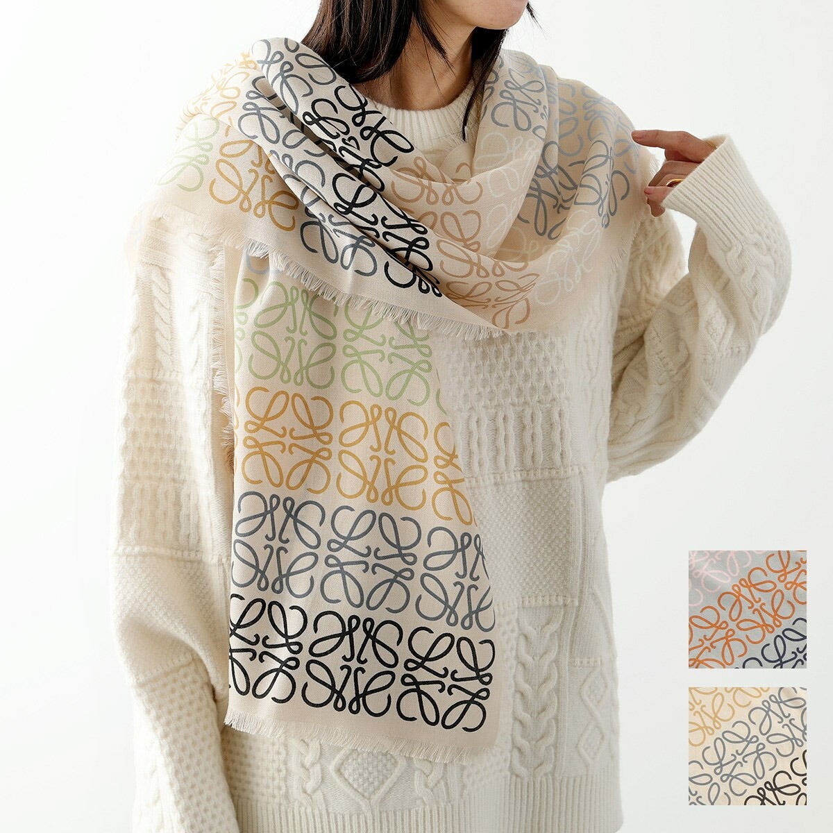 LOEWE ロエベ スカーフ ANAGRAM LI アナグラム ライン F603253X01 レディース マフラー ロゴ ウール カシミヤ シルク フリンジ ストール 45×200 カラー2色