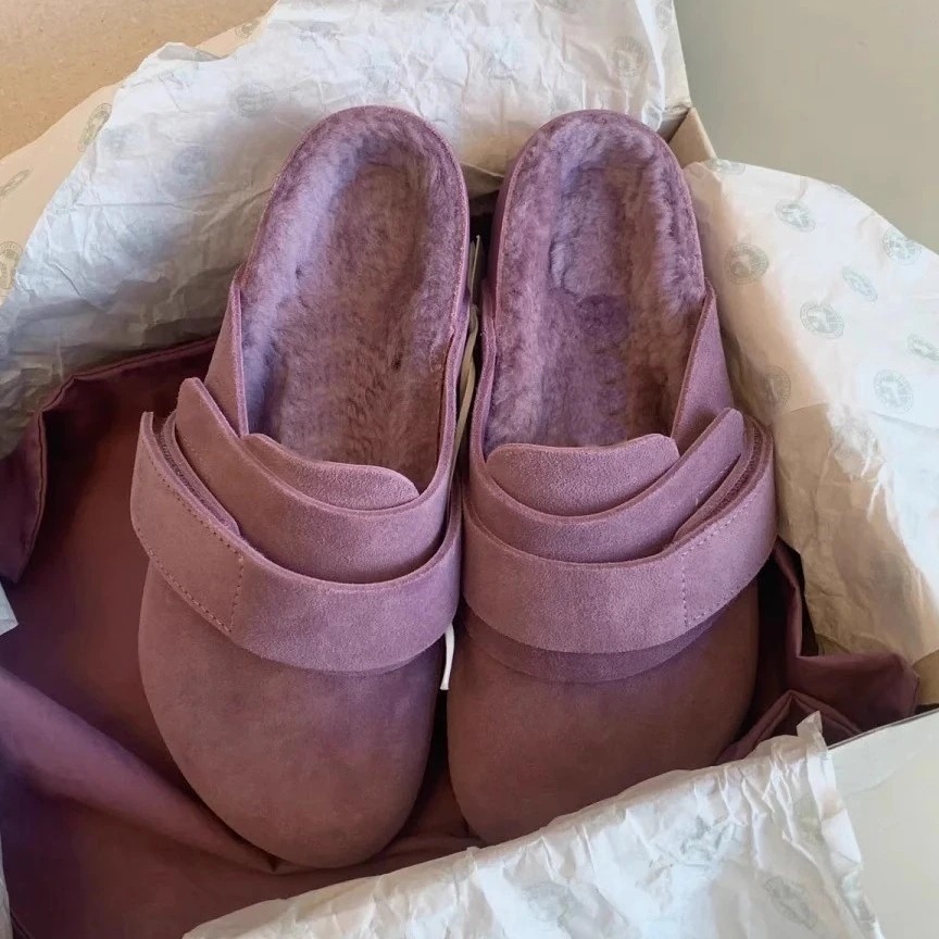 【最安値に挑戦】【人気商品】2025 秋冬 レディース 本革 パープル 毛付き ボーケンシューズ厚底 フリース入り 保温一脚蹬 モカシンハーフスリッパ