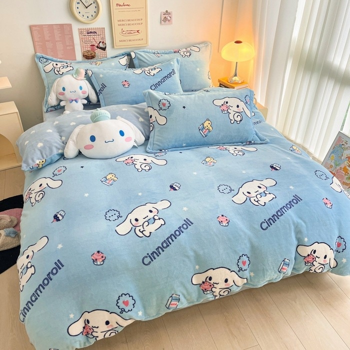 ミルクベルベットプリントの可愛い子供用厚手両面ベルベットあったかシーツ掛け布団カバー4点セット