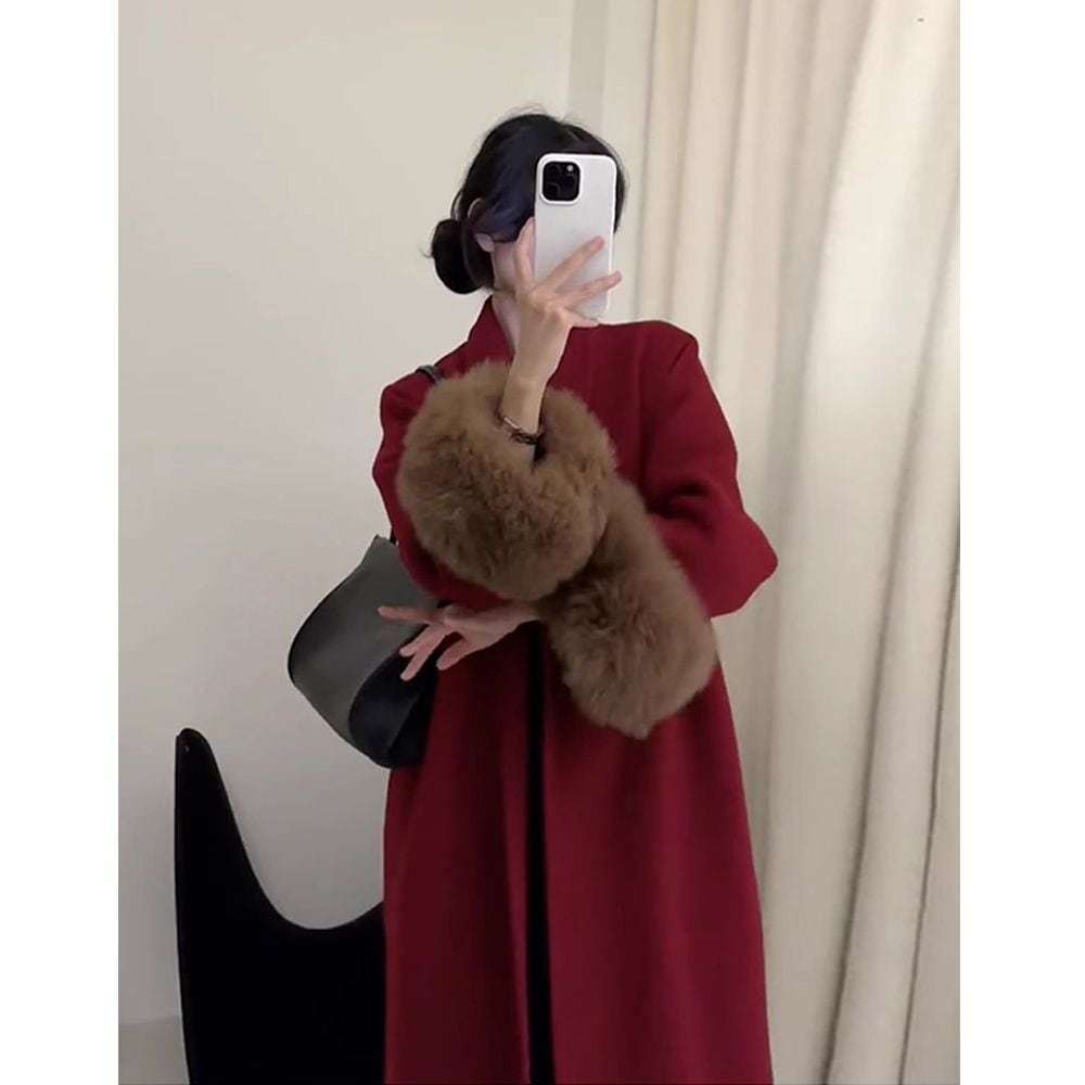 今年人気の赤いウールコートレトロな大きな袖口ウールウールコート女性用秋冬