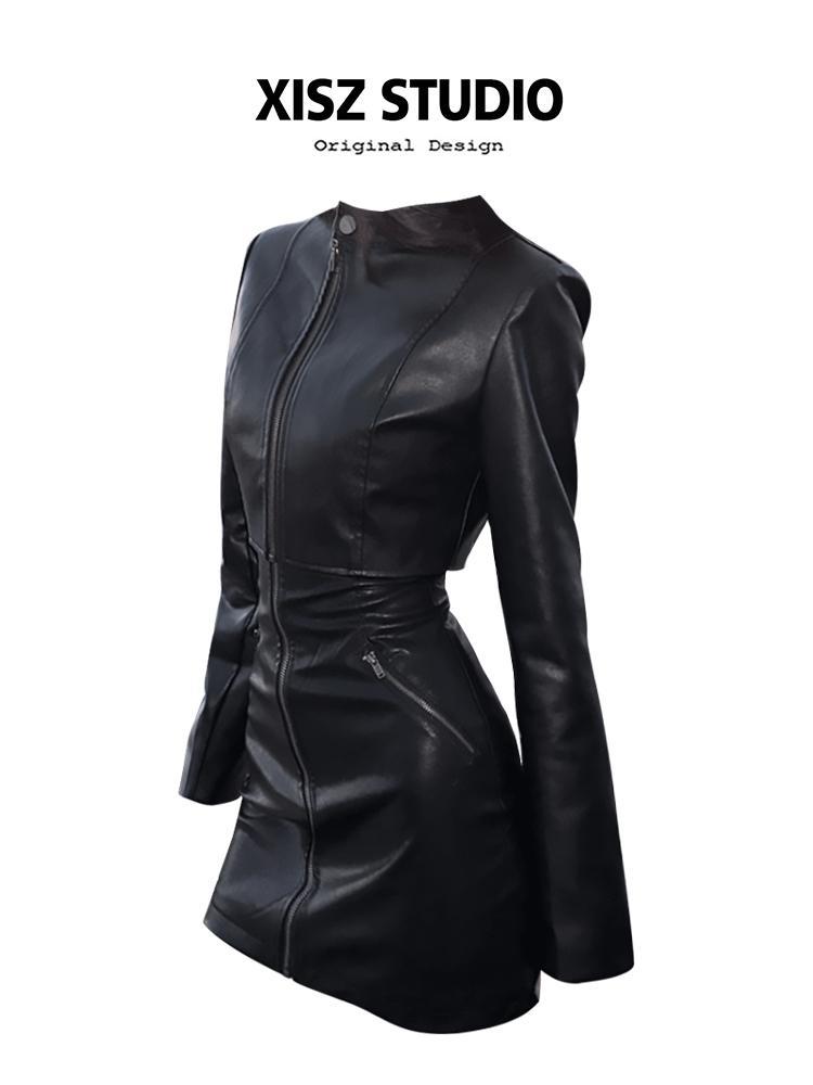 ホットガールズファッショナブルなスリムレザージャケットスカート女性のための春と秋のスカート2セット