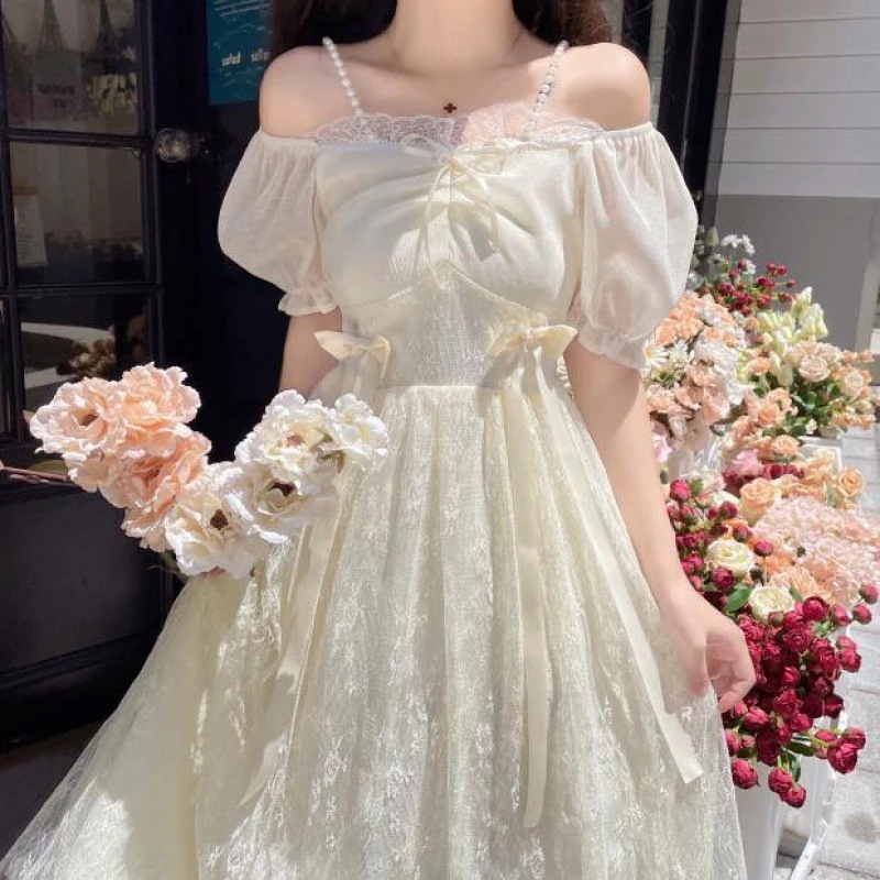 【1つ買うと10つ無料】夏の女性のゴールデンボウレースレース気質プリンセススカート袖キャミソールドレス