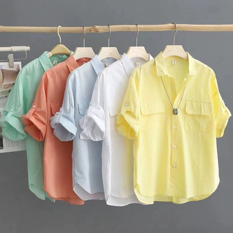 【1つ買うと10つ無料】短袖の純粋な綿シャツ夏の薄いスタイルルーズアンドフレッシュレディースソリッドカーディガン