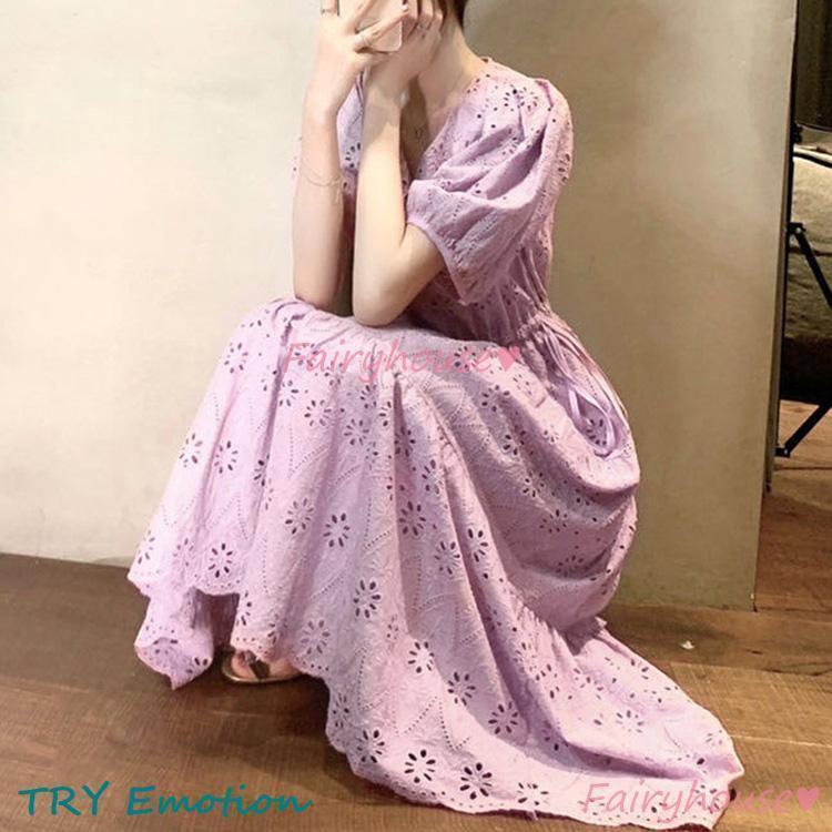 ワンピース レディース 40代 きれいめ マキシワンピース 春夏新作 半袖ワンピース 白レースVネック Aラインスカートオシャレ韓国風 大人 結婚式ドレス 30代 50代