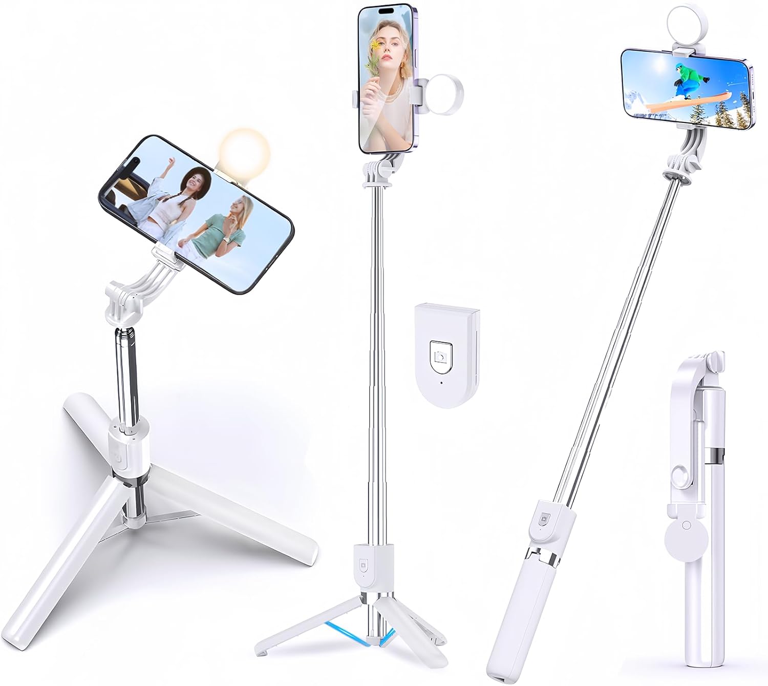 スマートフォン用折りたたみ式自撮り棒三脚 アルミニウム合金製 110cm7段伸縮 360度回転 無線リモコン付き 卓上用 多機種対応 ブラック ホワイト