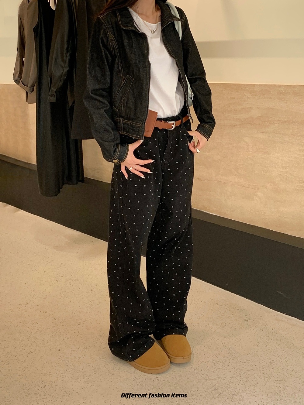 2024 初秋 デニムパンツ パンツ ワイド ストレート 花柄 ハイウエスト 脚長効果 美脚効果 細見え ブラック 黒 甘辛 かわいい おしゃれ カジュアル レディース お出かけ 韓国ファッション