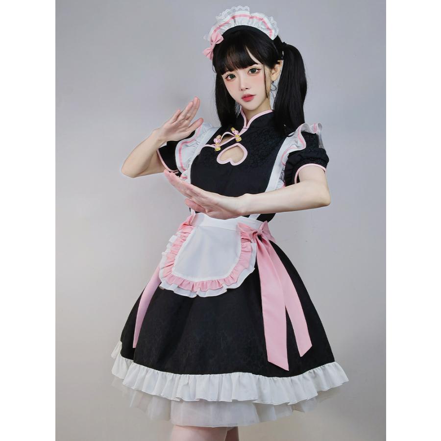 ゆめかわいい 中華風 メイド服 ロリータ チャイナ服 チャイナドレス 露出 ワンピース エプロン 髪飾り付き