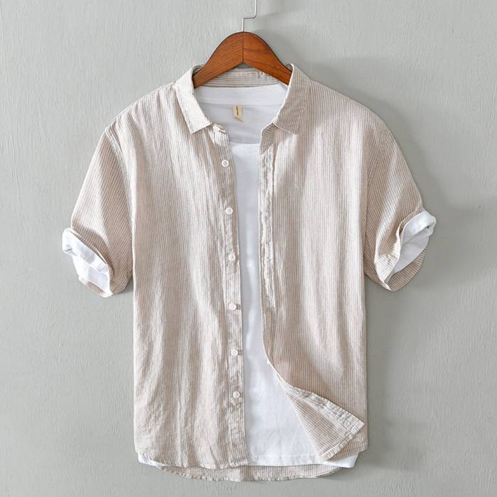 【全店任意2枚購入で100円OFF】綿麻シャツ メンズ リネンシャツ カジュアルシャツ 半袖シャツ 男性用 シャツ 麻55% 半袖 ストライプ トップス オシャレ カラフル 前開き 夏服 春夏 ゆった