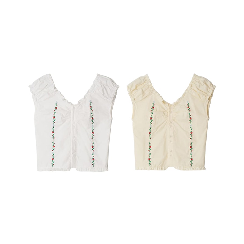 [(G)I-DLE ミヨン 着用] RASPBERRY EMBROIDERY FRILL BLOUSE 韓国 アイドル 袖なし レディース おしゃれ かわいい 白