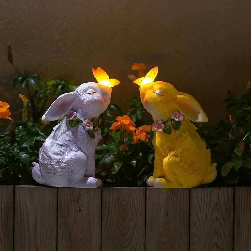 【短納期】ホームバルコニーオーナメントシミュレーションかわいい蝶ウサギの彫刻ソーラー照明屋外庭ガーデン装飾
