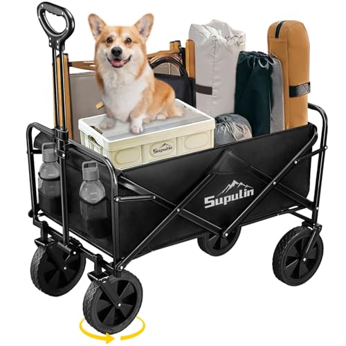 Supulin キャリーワゴン キャリーカート 折り畳み 大容量100L 耐荷重100kg アウトドアワゴン キャンプカート ワイドタイヤ 頑丈 軽量 ワンタッチ収束式 コンパクト アウトドア キャン