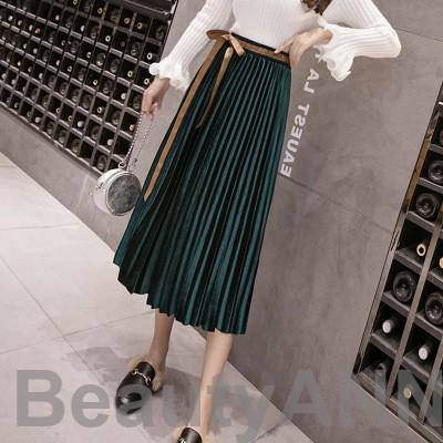 新生活 プリーツスカート レディース ロング丈 無地 ベルベット パールベロアスカート ちょう結び 春秋冬 膝下 カジュアル きれいめ ハイウェスト おし プレゼント ギフト