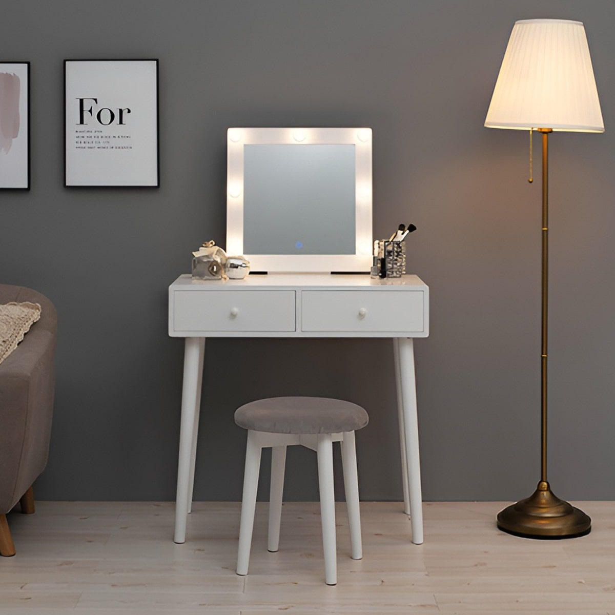 ドレッサー 幅75cm 四角ミラー ライト スツール付き 鏡台 椅子 セット 調光 LEDライト付き 四角 ミラー 鏡付き 化粧台 メイク台 コンパクト デスク おしゃれ ホワイト 白