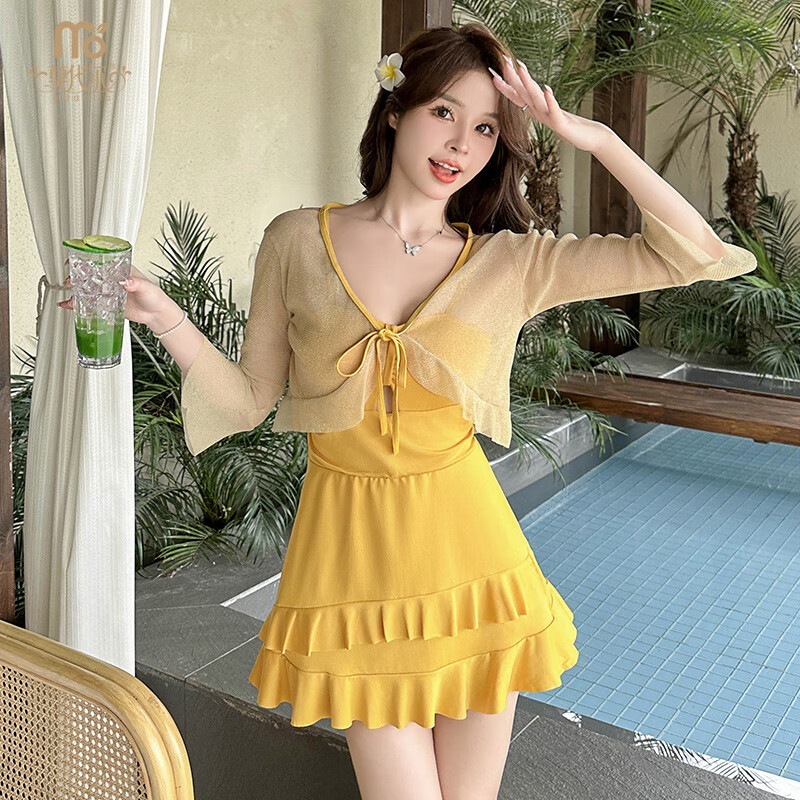 水着ワンピース風控えめセクシー日焼け止めイエロー超仙ins長袖痩せ見え腹隠し温泉水着 5,204円