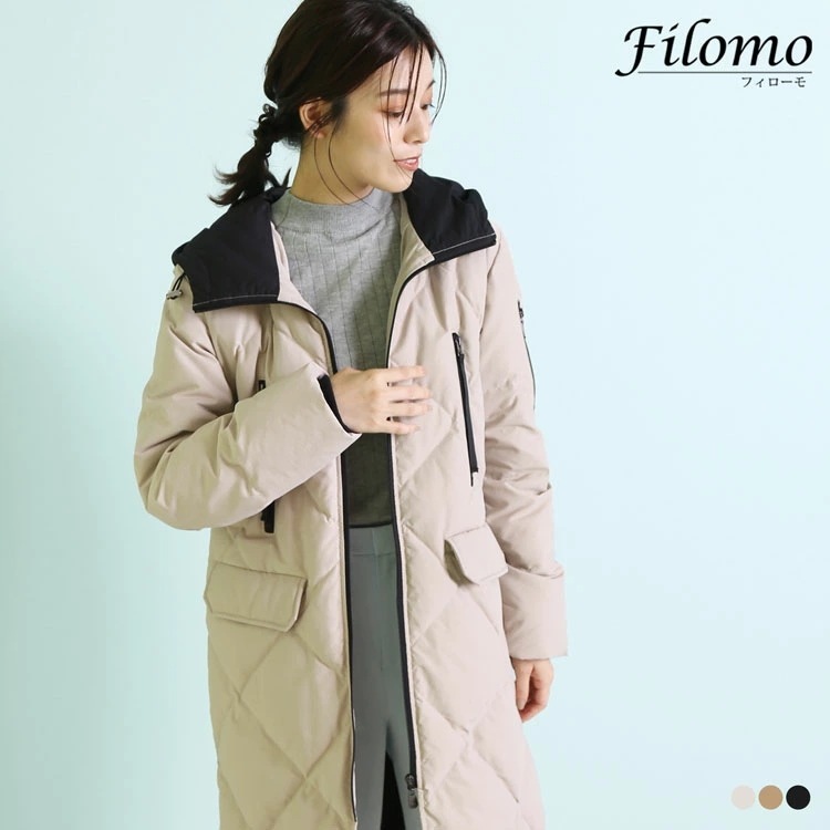 ダウンコート レディース ロング フード 付き ブランド Filomo ダウンコート ロングコート あたたかい 冬 きれいめ アウター 大きいサイズ ロング丈 綿 白 通勤 30代 40代 50代 母