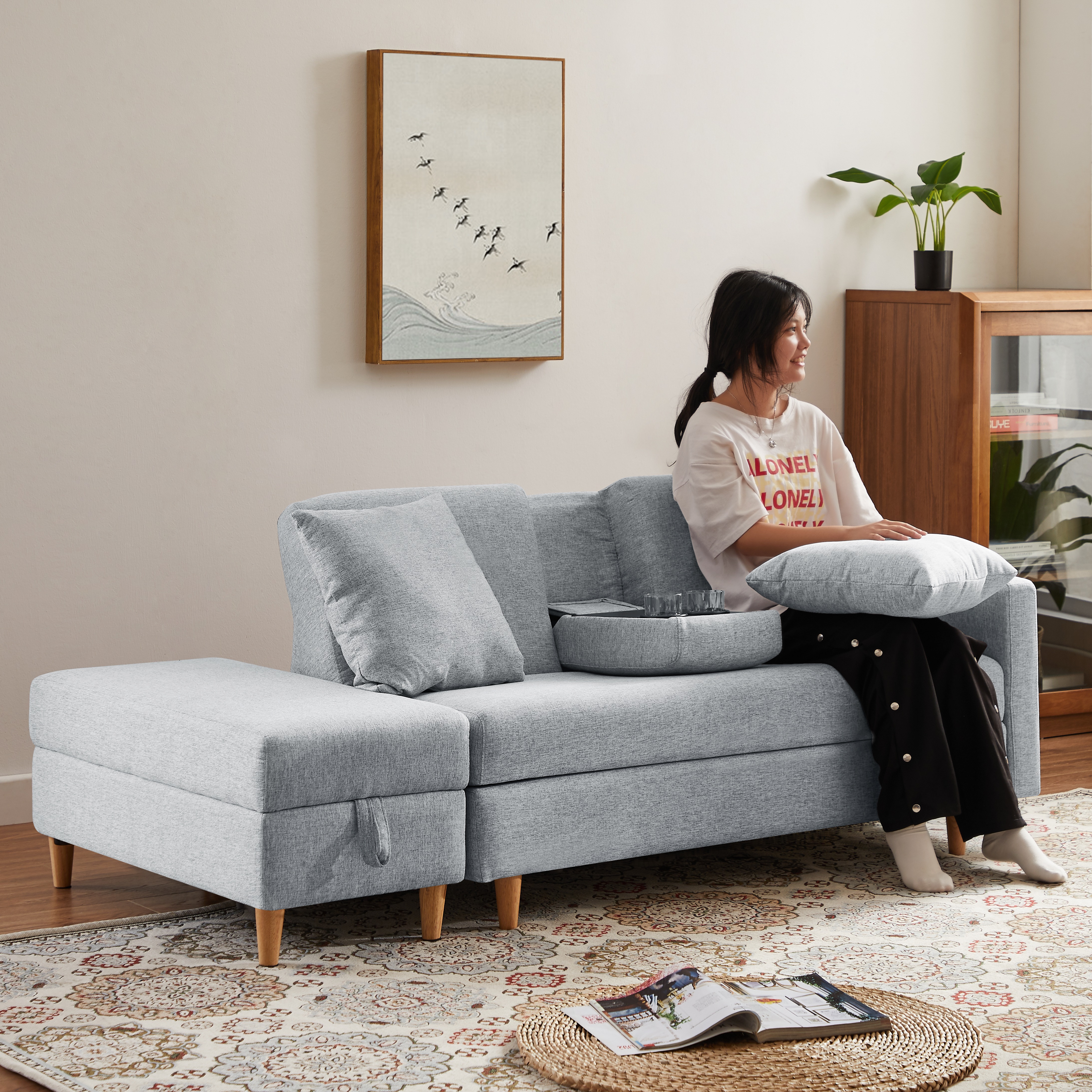 【2点購入で150OFF】【国内即発送】ソファ　ソファーベッド　カウチソファ　3人掛け　aオットマン付き　多機能ソファ　左右側とも取り付けるアームレスト　たくさん収納　レイアウト自由　クッション2個