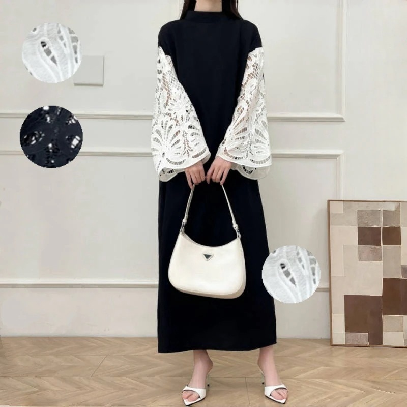 2色作韓国ワンピース長袖ワンピース高級感　パーティードレスレース切り替えロングワンピースフレアスリーブ気質着やせおしゃれワンピースレディース