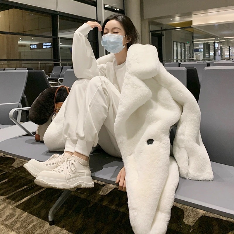 人気商品 ファーコート レディース 冬 白毛皮コート ミドル丈 エコ ラビットファーコート おしゃれ