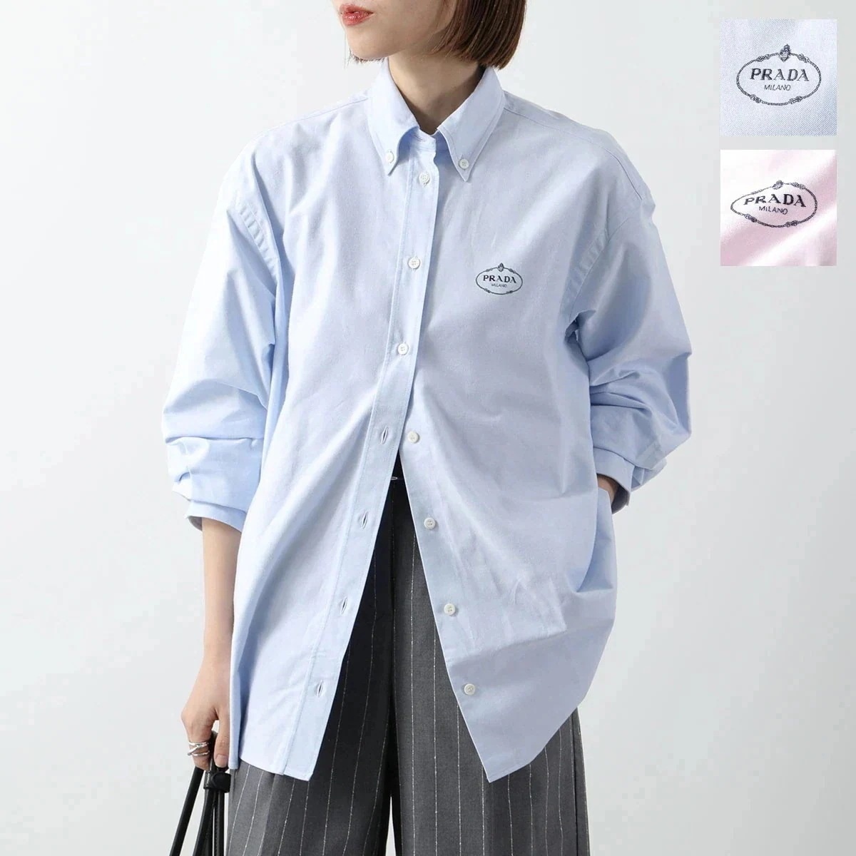 PRADA プラダ シャツ P497GR 14JW レディース ブラウス 長袖 エンブロイダリー オックスフォードコットン ロゴ刺繍 オーバーサイズ カラー2色