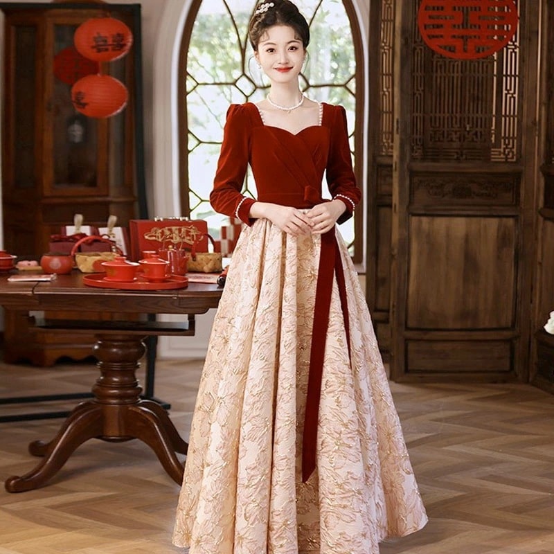 ラストチャンス！チャイナドレス ロング丈 マキシ丈 チャイナ ドレス 中国風 結婚式 花嫁ドレス 長袖 改良中華ドレス ワインレッド 中国風ウェディングドレス 中華服 チャイナ服 中華 舞台ステージ