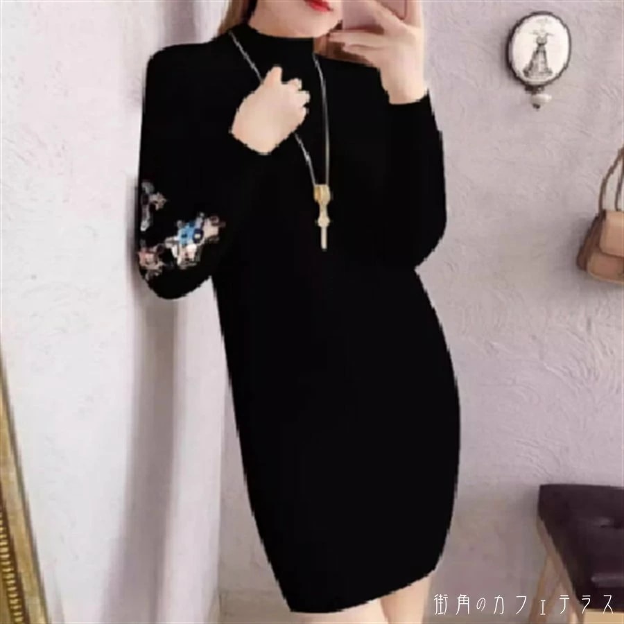 トップス 6色 セーター ロング丈 チュニック 長袖 ハイネック Aライン フレア プルオーバー 刺繍 ニット かわいい 大人可愛い 大人女子 こなれ感 シンプル カジュアル 大人 上品 おしゃれ お