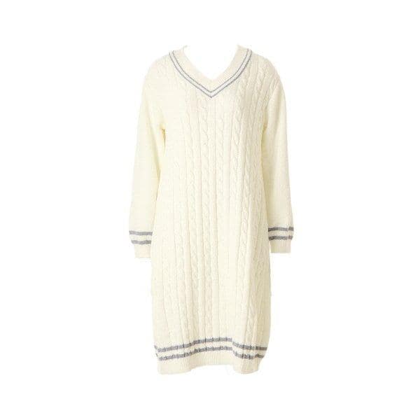 []VEV3976L Vネック ケーブル編み 暖かく心地よいジャカードセーター 室内着ワンピース