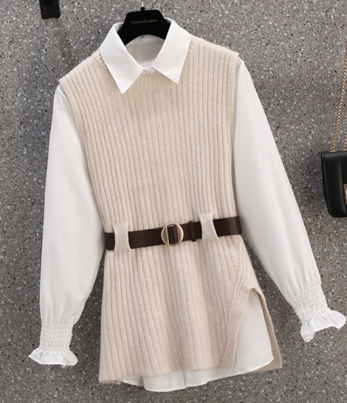 デート モテアイテム ベスト 白シャツ レイヤード ベルト ウエストマーク サイドスリット リブニット 可愛い きれいめ 上品 おしゃれ かっこいい 可愛い ラブリー キュート ガーリー