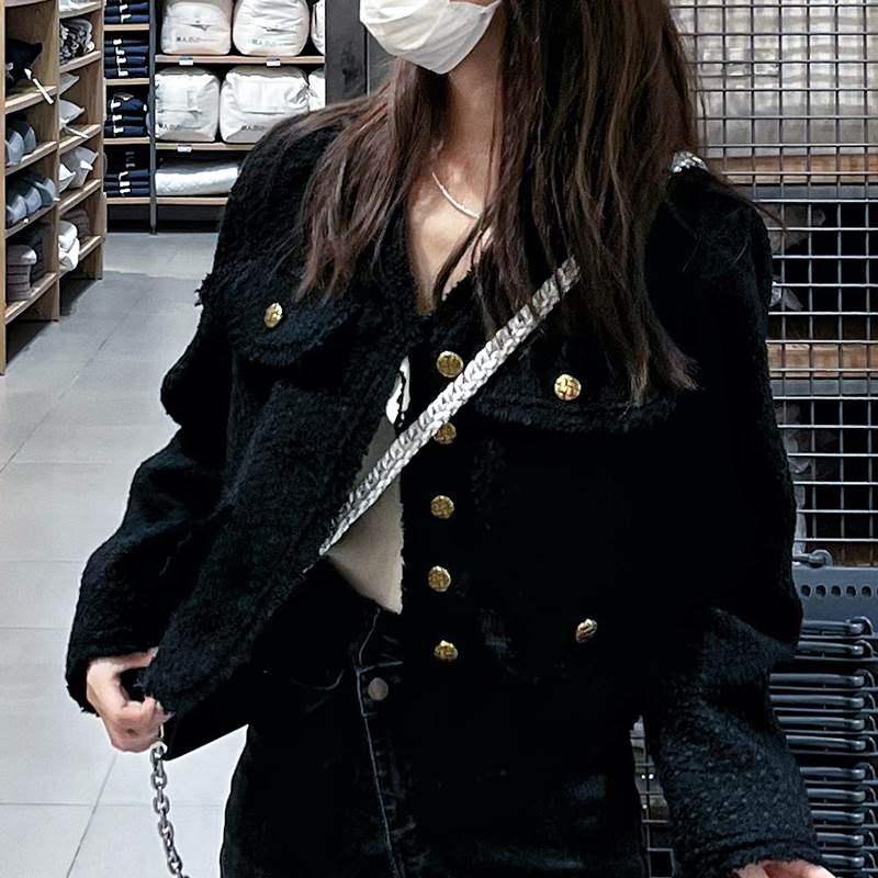 アウター レディース ジャケット 個性的 ショート丈 長袖 Vネック 無地 黒 S M L 秋 冬 ポケット 前開き ツイード 起毛 きれいめ おしゃれ かっこいい こなれ感 シンプル クール 抜け感