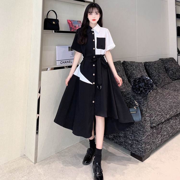 ワンピース レディース シャツ 個性的 半袖 襟付き ひざ丈 ミモレ丈 バイカラー ドッキング アシメントリー モノトーン 黒 M L XL 2XL 3XL 4XL 大きいサイズ