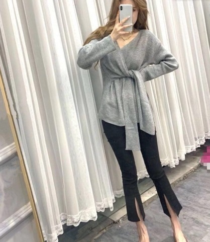 セット トップス ボトムス セーター パンツ 袖あり 長袖 Uネック 襟なし フレア 美ライン カシュクール スリット 伸縮性 ストレッチ ニット 2点セット ツーピース お得 かわいい 大人可愛い