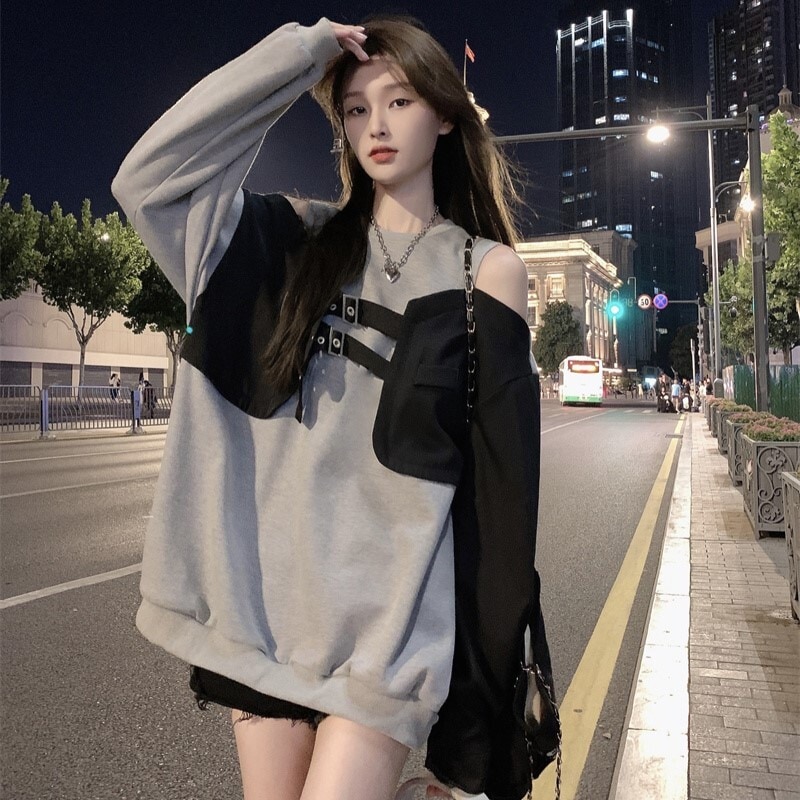 トップス カットソー 長袖 ラウンドネック オフショルダー Iライン 切り替えデザイン ドッキング かわいい 大人可愛い カジュアル 大人 おしゃれ お洒落 かっこいい エキゾチック 大人可愛い