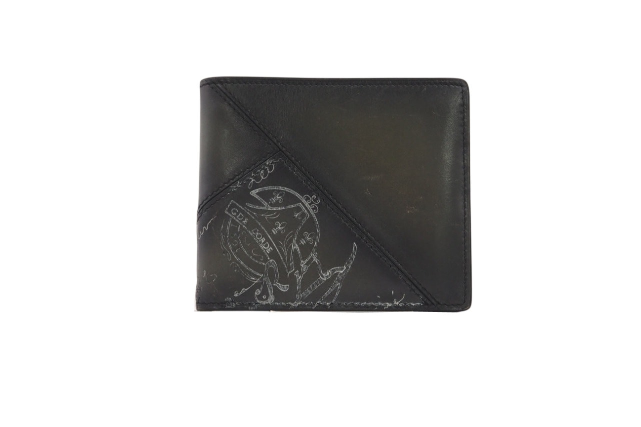3日以内返品可 美品 二つ折り財布 カリグラフィ マコレ パッチワーク ウォレット MAKORE_II-JOUR-B1 ダークグレー シルバー レザー メンズ