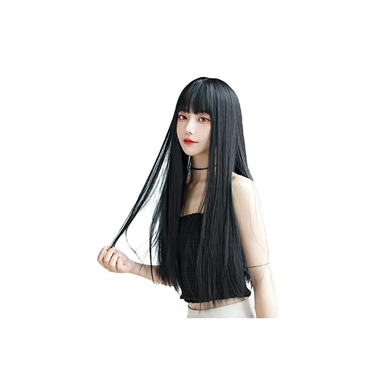ウィッグ ロング ストレート かつら フルウィッグ 自然 ぱっつん 小顔 人気 耐熱 wig 原宿系 ファッション ネット/櫛付き 黒 ブラック