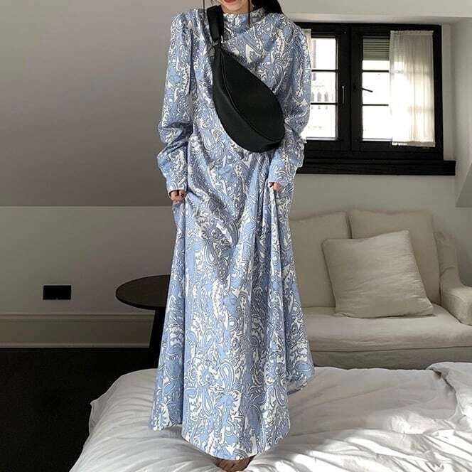 【送料無料】レディース ロングワンピース プリント ペイズリー柄 長袖 マキシ丈 大人可愛い