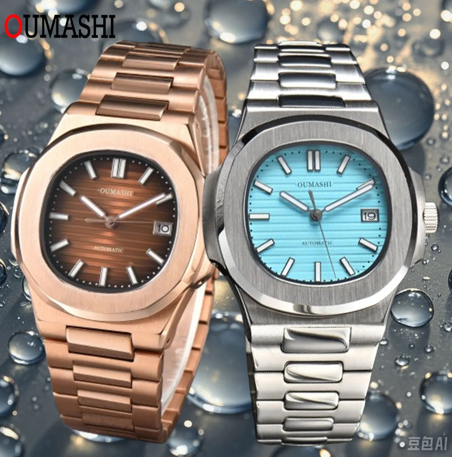 Oumashi-メンズアイスブルー自動機械式時計サファイアガラス10bar防水時計 11,950円