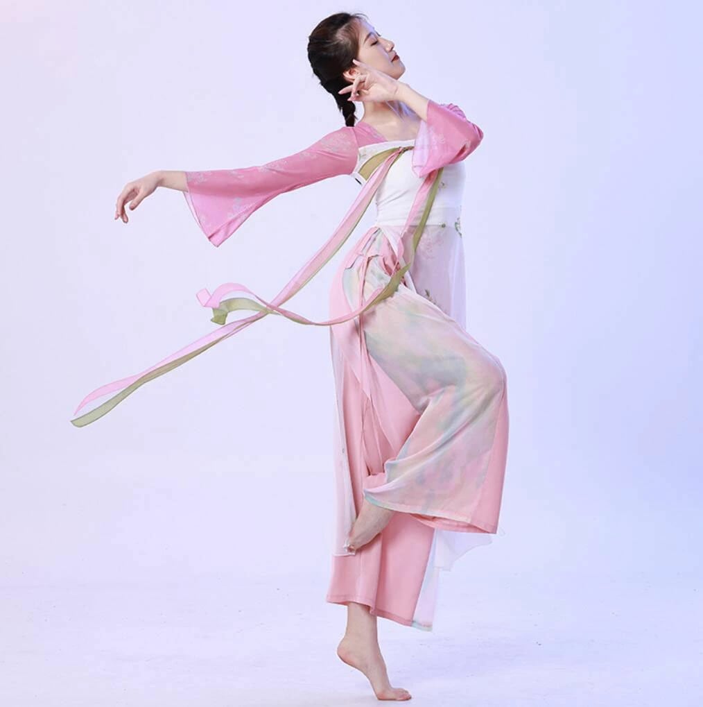 古典ダンス衣装 クラシカル ロング丈羽織 長袖 ロングブラウス ガウチョパンツ チャイナドレス エスニック 舞台演出服 中華服 ステージ衣装フレア袖 シースルー 文化祭 学園祭 イベント衣装 団体服