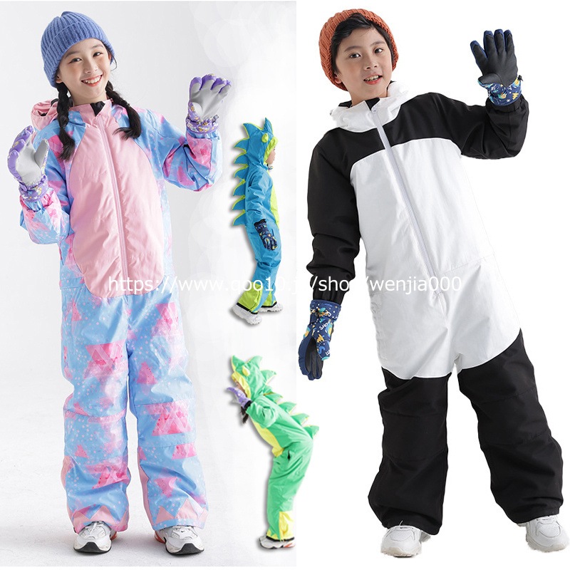 スノーボードウェア キッズ つなぎ 恐竜柄 パンダ柄 オールインワン スキーウェア ワンピース 女の子 男の子 子供 子ども こども スキー かわいい 耐水度5000mm