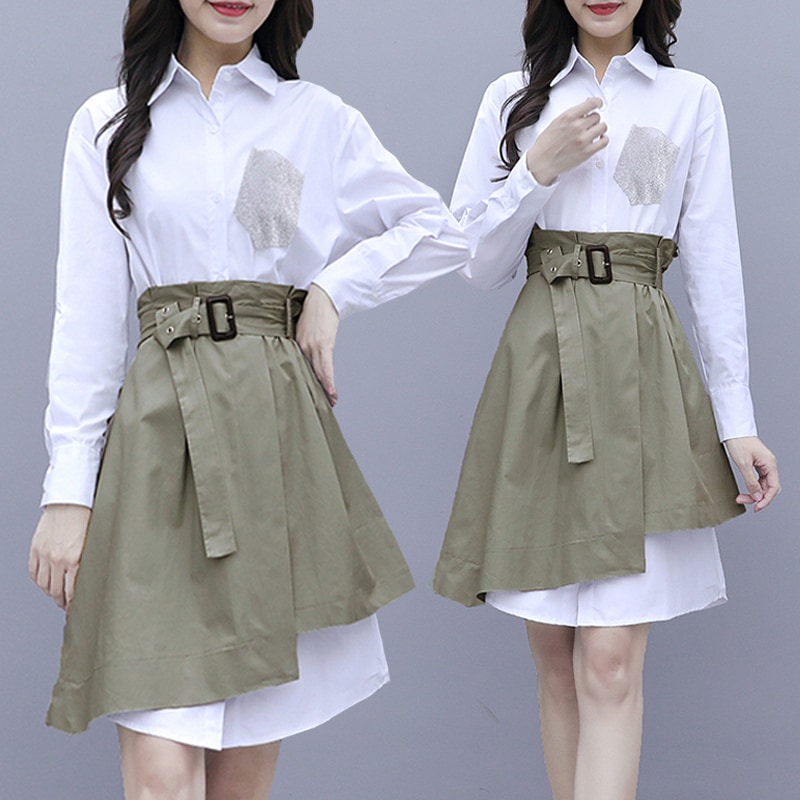 シャツワンピース ツーピース 魅せる ワンピース シャツ ホワイト 白 ミディアム丈 袖あり 長袖