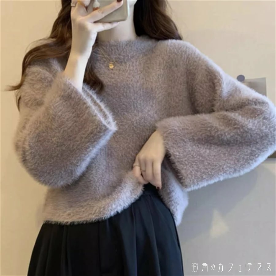 トップス 4色 セーター ロング丈 カラバリ 長袖 ベルスリーブ フレア袖 フレアスリーブ Uネック ハイネック Aライン フレア プルオーバー 厚手生地 かわいい 大人可愛い 大人女子 こなれ感 シ