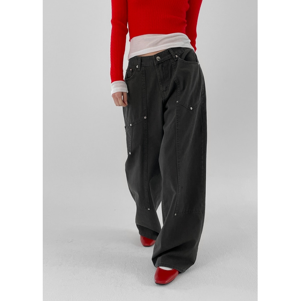 ブラックアップリベットカーペンダーワイドコットンパンツ
