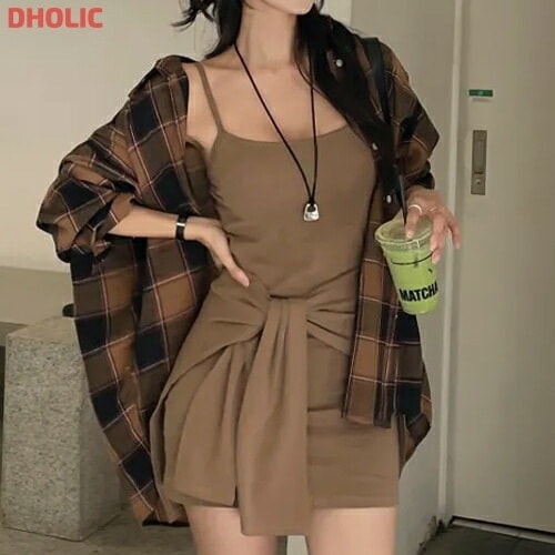 カップ付長袖ミニツイストチェックセットアップキャミワンピースシャツ・1937408